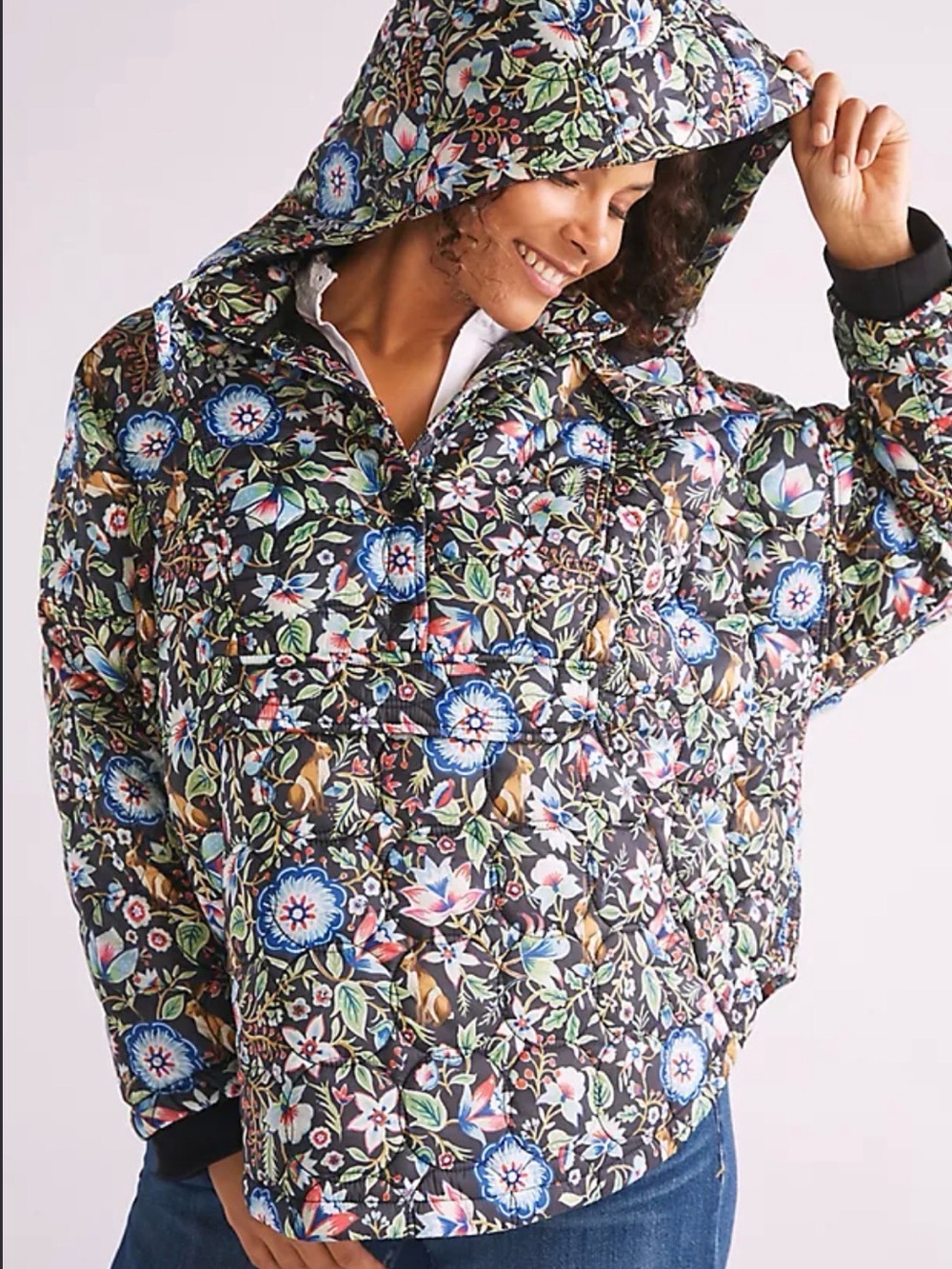 Maeve Floral Quilted Hooded Jacket - Black Multi Anthropologie